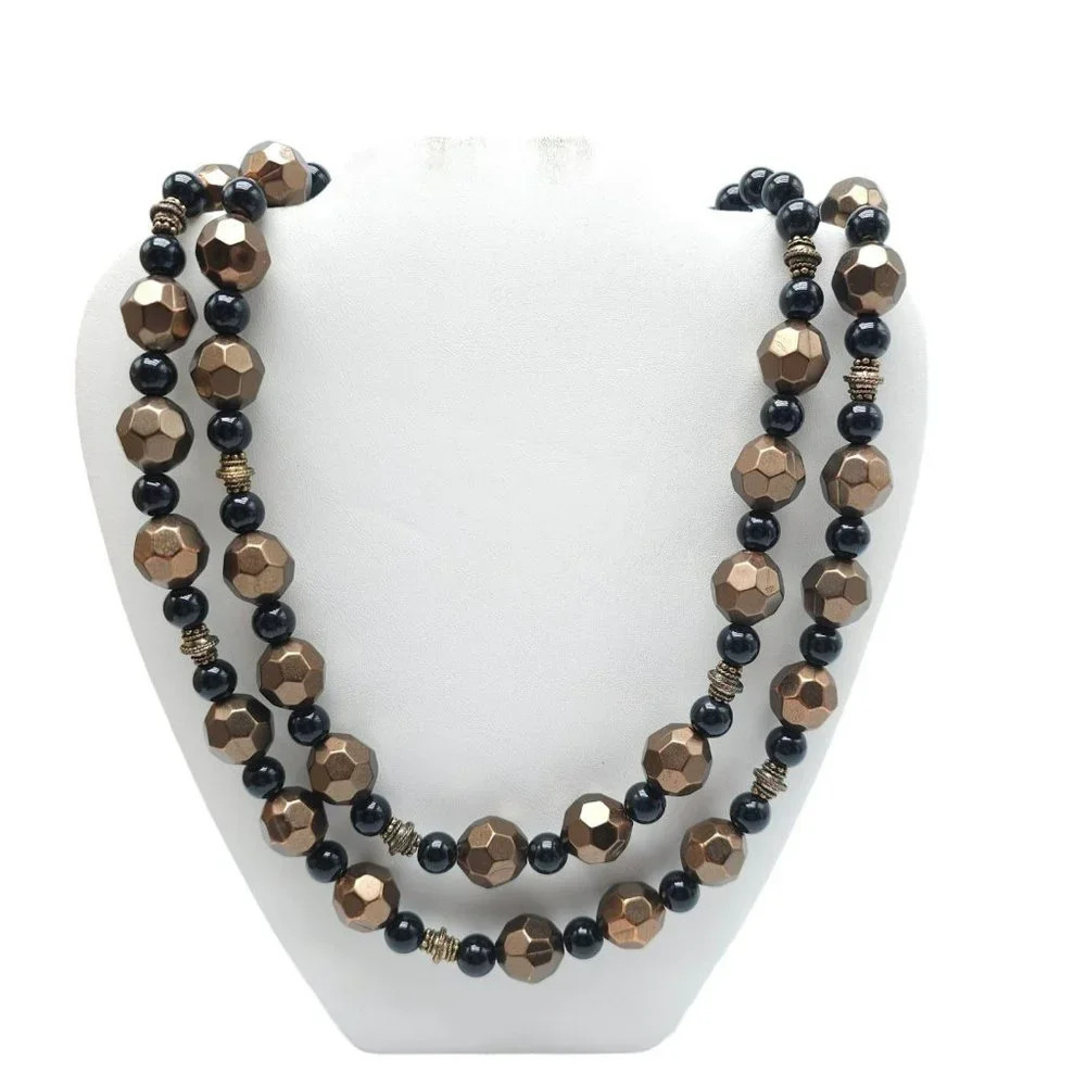 Chico's Bronze Black Beaded Double Strand Necklace Lobster Closure Vintage